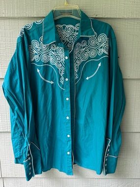 Coofandy Mens Embroidered Western Rodeo Cowboy Button Ftont Shirt~XL
